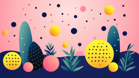 an illustration of a colorful background with plants and polka dotsの素材