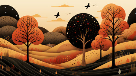 an autumn landscape with trees and birdsの素材