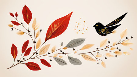 an illustration of a bird and leaves on a beige backgroundの素材