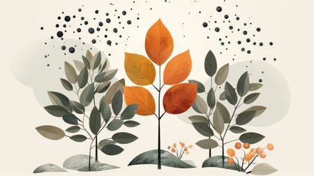 an illustration of a tree with leaves and water dropletsの素材