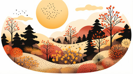 autumn landscape with trees hills and sunの素材