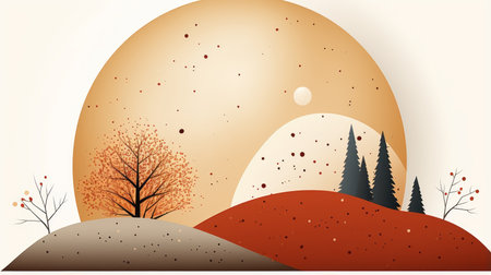 an illustration of autumn landscape with trees and mountainsの素材