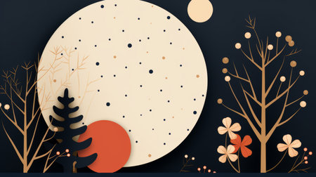 an illustration of trees and a moon on a dark backgroundの素材