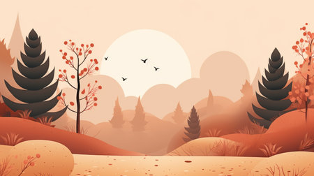 an illustration of an autumn landscape with trees and birdsの素材