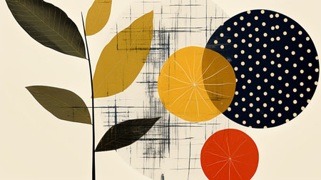 an abstract painting with oranges leaves and polka dotsの素材