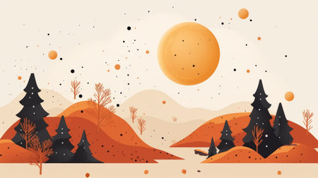 an illustration of a landscape with trees and an orange ball in the skyの素材
