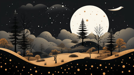 an illustration of a night scene with trees and moonの素材