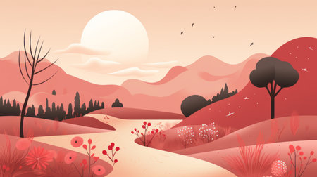 an illustration of a red landscape with trees and flowersの素材