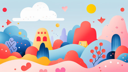 an illustration of a city with hearts and cloudsの素材
