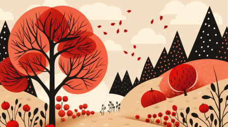 an illustration of an autumn landscape with red treesの素材