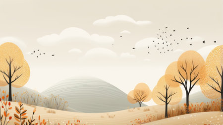 an illustration of autumn landscape with trees and birdsの素材
