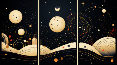 set of three abstract paintings of the night sky with planets stars and moon on a black backgroundの素材