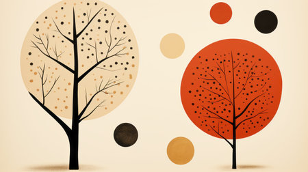 two trees with leaves and circles on a beige backgroundの素材