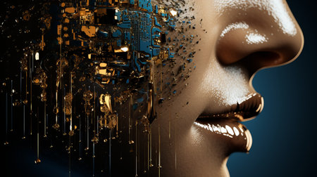 the face of a woman is covered in gold paintの素材