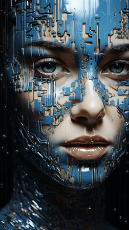 the face of a woman is made up of circuit boardsの素材