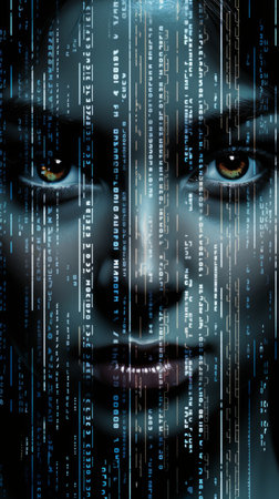the face of a woman is surrounded by binary codeの素材