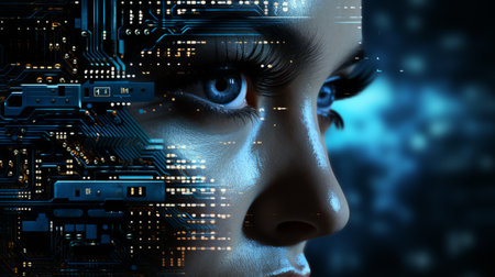 the face of a woman with a circuit board in front of herの素材