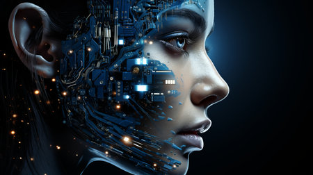 the face of a woman with an electronic device on her headの素材