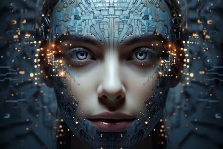 the face of a woman with an electronic faceの素材