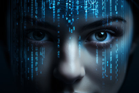the face of a woman with binary code on her headの素材