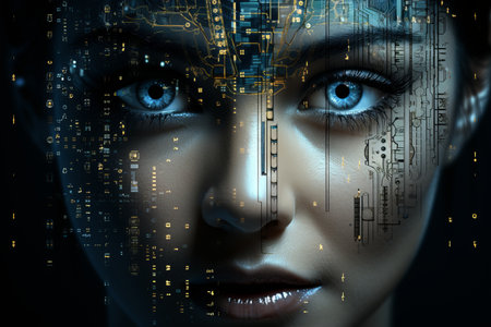 the face of a woman with blue eyes and a digital faceの素材