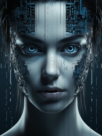 the face of a woman with blue eyes and a computer chip on her faceの素材
