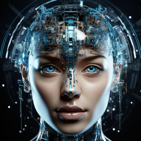 the face of a woman with blue eyes and futuristic technologyの素材