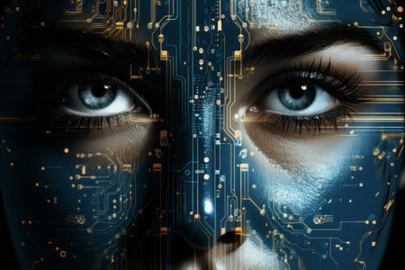 the face of a woman with blue eyes and an electronic circuit boardの素材