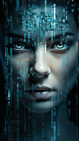 the face of a woman with blue eyes in front of a binary codeの素材