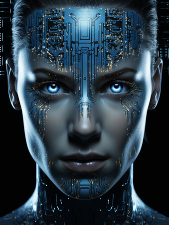 the face of a woman with blue eyes and an electronic faceの素材