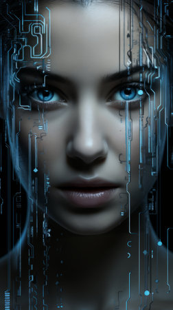the face of a woman with blue eyes is surrounded by a circuit boardの素材