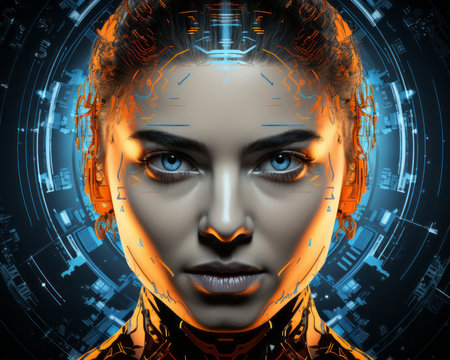 the face of a woman with futuristic technology on her faceの素材