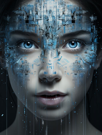 the face of a young woman with blue eyesの素材