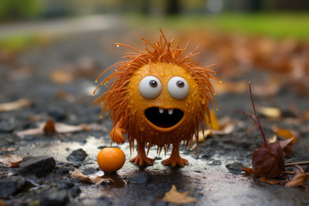 an orange monster standing on a wet roadの素材