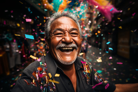 an older man is smiling in front of confettiの素材