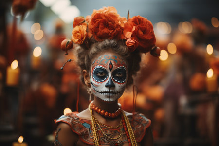 day of the dead woman with orange makeup and flowersの素材