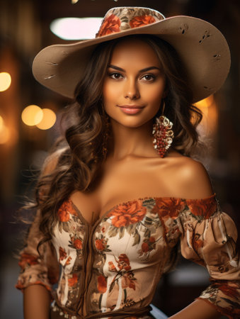beautiful young woman in cowboy hat and floral dressの素材
