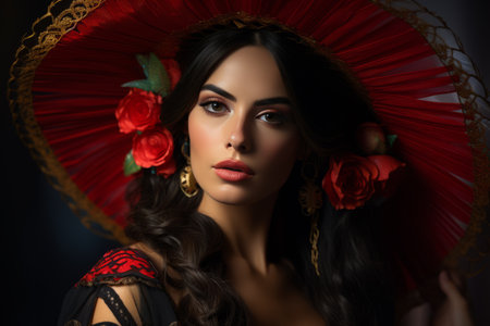 beautiful woman in mexican costume with red hatの素材