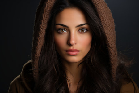 portrait of beautiful woman with hooded jacket on dark backgroundの素材
