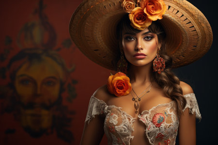 beautiful woman in mexican dress and hatの素材