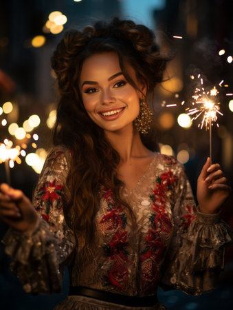 beautiful woman holding sparklers in the city at nightの素材
