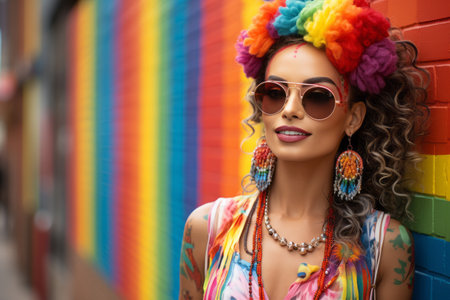 beautiful young woman with colorful hair and colorful earrings standing in front of a colorful wallの素材