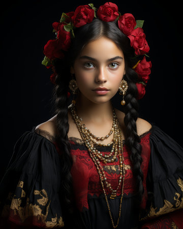 portrait of a beautiful mexican girl with red roses in her hairの素材