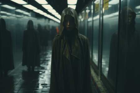 a man in a hooded cloak is standing in a subwayの素材