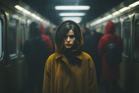 a woman in a yellow coat standing in the middle of a subwayの素材