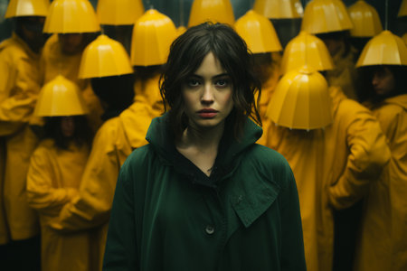 a woman in a green coat standing in front of a group of yellow umbrellasの素材