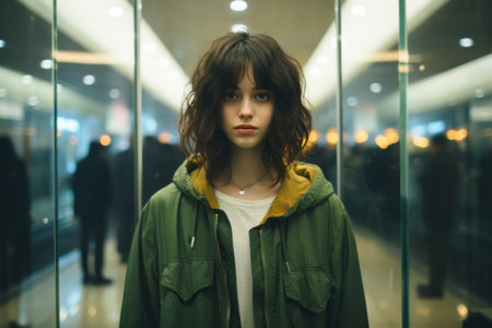 a woman in a green jacket standing in an elevatorの素材