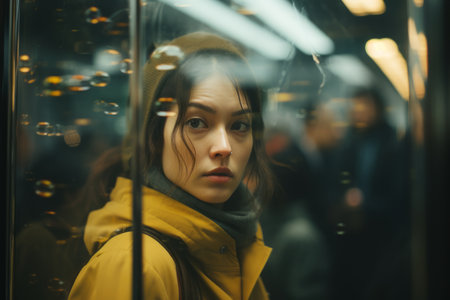 a woman in a yellow jacket looking out the window of a subway carの素材