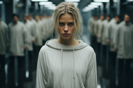 a woman standing in front of a group of peopleの素材