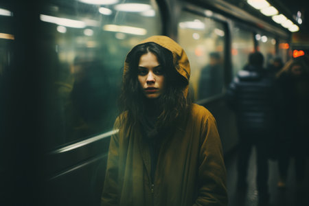 a woman in a yellow coat standing in front of a subway trainの素材